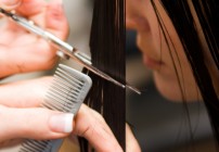 Hairdresser cuts womans hair